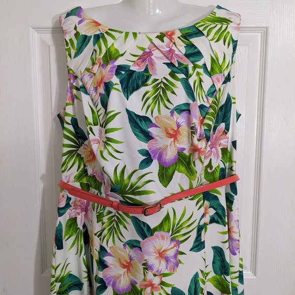 Dressbarn White Green Purple Floral Sleeveless Belted Midi Dress - size 16W - Picture 2 of 15